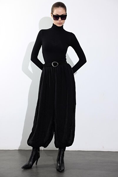 5in1Canpolat Black Wrinkled Textured Relaxed Fit Trousers 51253