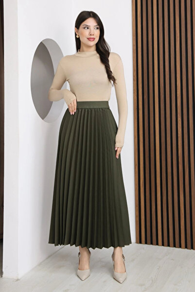 lodmela Ελαστική Φούστα με Πιέτες στη Μέση 6017-Χακί