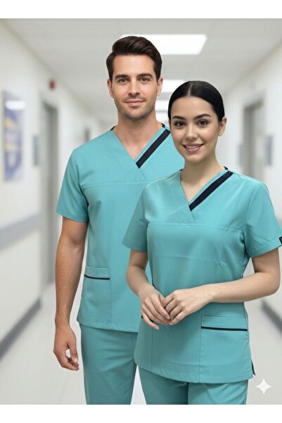 temex TURKUAZ SCRUBS SİYAH BİYELİ GÖĞÜS ÇITÇITLI TEK ÜST HEMŞİRE FORMASI