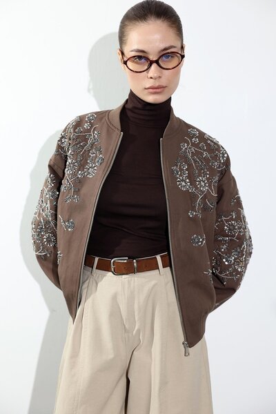 5in1Canpolat Jachetă bomber brodată cu piatră maro 99927