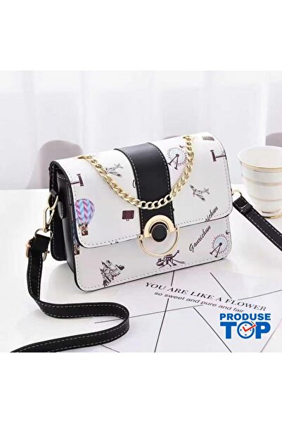 Produse.Top Office Bag for Women in White and Black Eco Leather with Chain Ac...