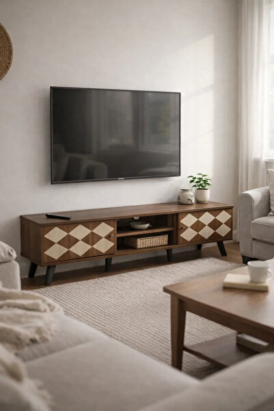 MARIA HOMES Modern Wooden TV Stand Dark Brown with Beige Stone Pattern 160 x ...