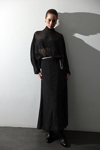 5in1Canpolat Black Polka Dot Chiffon Blouse Skirt Set 3215