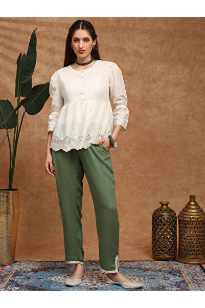 Globus By Styli Women Olive Green Lace Trim Tapered Trousers