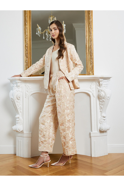 Styli Women Beige Jacquard Wide Leg Trousers