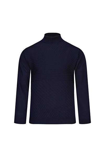 Hatemoğlu Pulover din lână, albastru marin, cu guler semi-înalt, croială normală