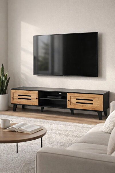 MARIA HOMES حامل تلفزيون خشبي عصري أسود اللون بألواح أمامية من خشب البلوط، أب...