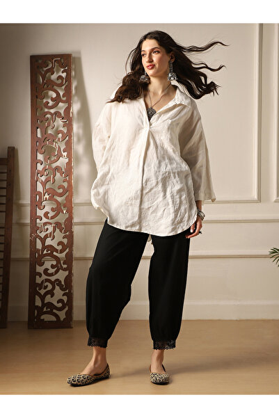 Globus By Styli بنطلون نسائي أسود مزين بالدانتيل قصة مريحة