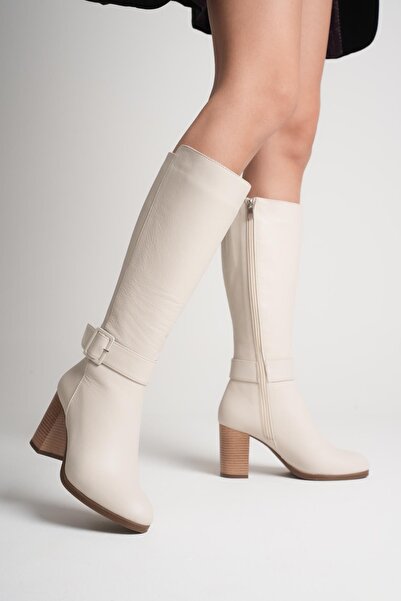 ANALİN SHOES Women's Genuine Leather Buckle Detailed Heeled Boots - Cream