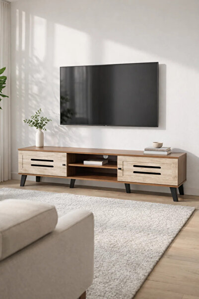 MARIA HOMES Modern Wooden TV Stand Dark Brown with Beige Front Panels 160 x 4...