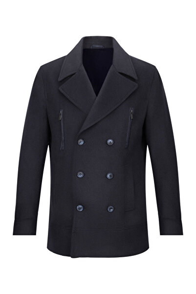 Hatemoğlu Lacivert Slim Fit Kruvaze Yünlü Kaşe Kaban