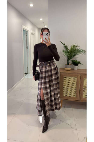 BİRCANÇİL Corena Brown Slit Detailed Plaid Belted Skirt