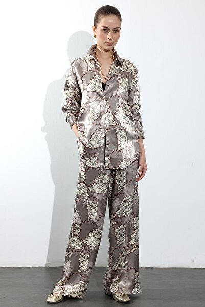 5in1Canpolat Mink Geometric Patterned Satin Trousers 45279