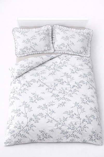 GÖRMEZ TEKSTİL طقم غطاء لحاف من القطن الناعم ذو كشكشة واحدة - لون رمادي/بيج