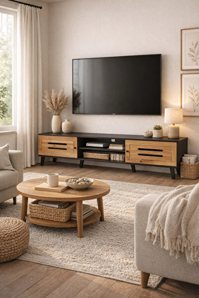 MARIA HOMES حامل تلفزيون خشبي عصري أسود اللون بألواح أمامية من خشب البلوط، أب...