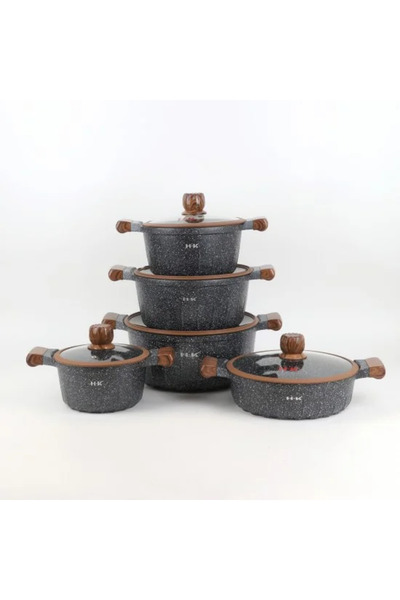 TULIN Granite cookware set with wooden design, black color - 10 pieces