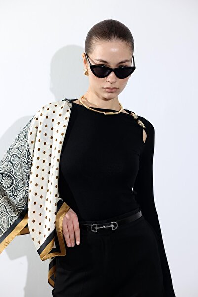 5in1Canpolat Black Gold Accessory Long Sleeve Blouse 251063