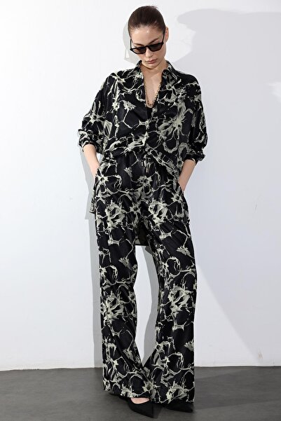 5in1Canpolat Black Patterned Satin Trousers 45317
