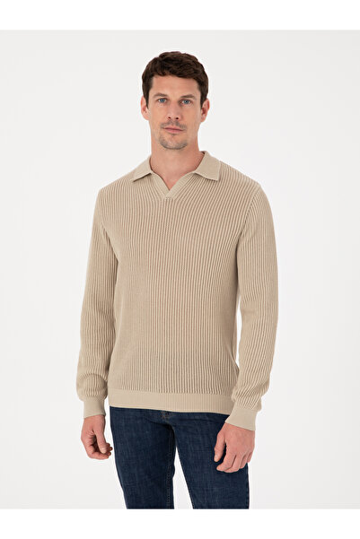 Cacharel Beige Regular Fit 100% Cotton Apaş Collar Knitwear Sweater 50310535-...