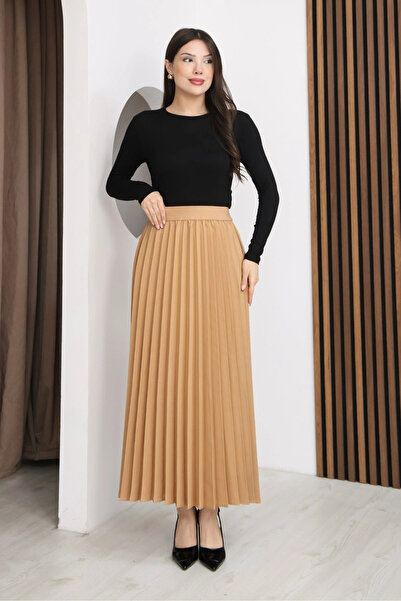 lodmela Ελαστική Φούστα με Πιέτες στη Μέση 6017-Καμηλό