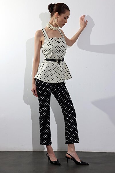 5in1Canpolat Black Polka Dot Patterned Stretch Fabric Pants 01486