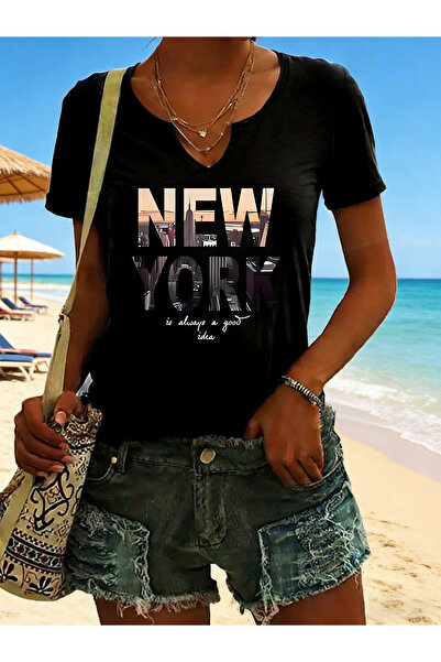 mercoledi Ženska New York Štampano polu-V-izrez rukava standardnog kroja udob...