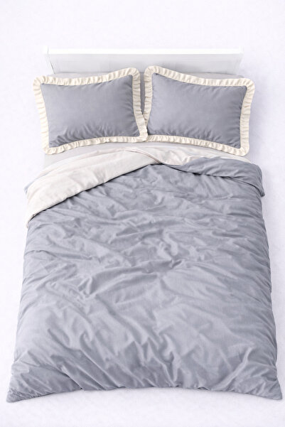 GÖRMEZ TEKSTİL Soft Cotton Ruffled Single Bedding Set - Gray / Beige
