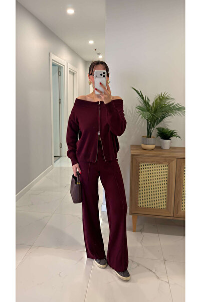 BİRCANÇİL France Burgundy Knitwear Cardigan Pants Set
