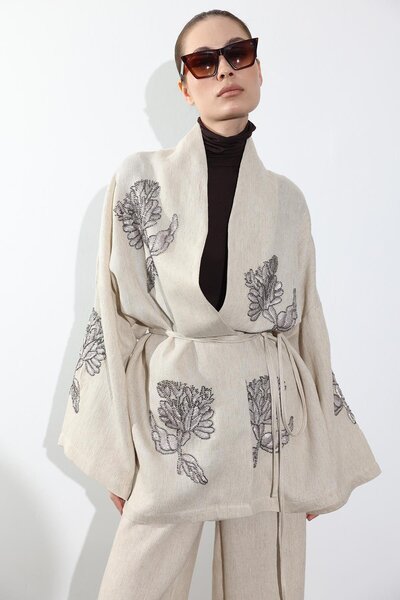 5in1Canpolat Natural Bead Embroidered Belted Kimono Shirt 38165