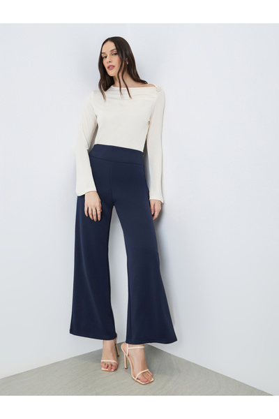 Styli Women Navy Blue Wide Leg Trousers