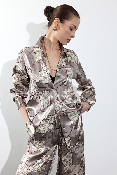 5in1Canpolat Mink Geometric Patterned Satin Shirt 34703