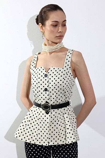 5in1Canpolat Ecru Belted Polka Dot Square Neck Blouse 01382