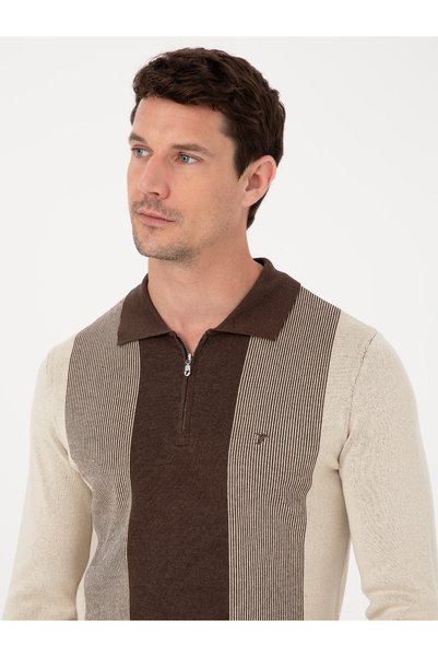 Cacharel Kahverengi Slim Fit Pamuk Karışımlı Fermuarlı Polo Yaka Triko Kazak 50318975-VR029