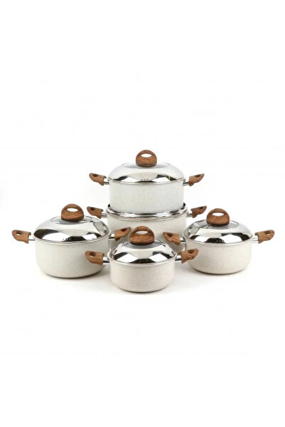 TULIN 10-piece granite cookware set, beige color, with wooden-style handles