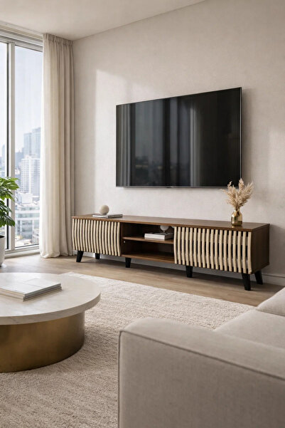 MARIA HOMES Modern Wooden TV Stand Dark Brown with Beige Slatted Design 180 x...