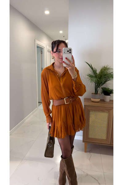 BİRCANÇİL Rochie din șifon cu detalii de centură căptușită cu scorțișoară Lonces