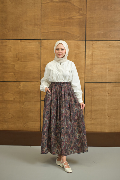 LOCCO Fusta de damă cu talie elastică, detaliu buzunar, model etnic, roșu claret