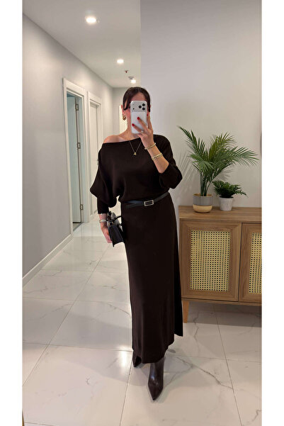 BİRCANÇİL فستان مونتانا براون كيركد تريكو بحزام