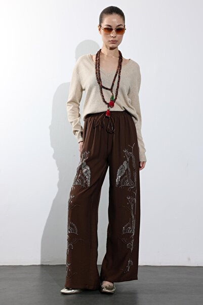5in1Canpolat Brown Bead Embroidered Relaxed Fit Trousers 45273