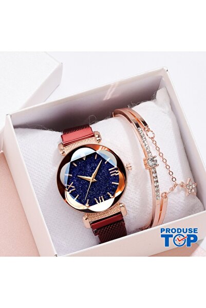 QUARTZ Ladies Watch with Magnetic Mesh Bracelet Black Dial + Red Rhinestone B...