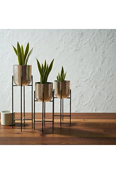 Generic Hammered Metal Planter Set of 3 (L/M/S) with Black Iron Stand