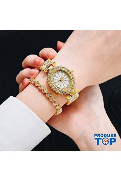 QUARTZ Set ceas de damă oval auriu cu strasuri + brățară CDQZ118