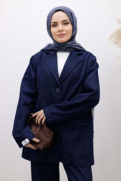 Tesettür Dünyası Denim Blazer Takım TSD260105 Koyu Mavi