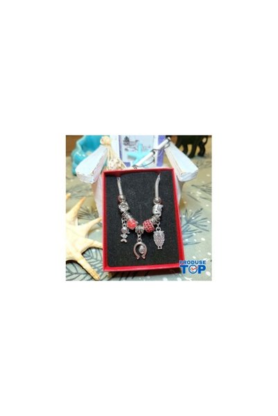 Produse.Top Brățară de damă cu pandantive potcoavă și mărgele Shamballa roșii + cutie cadou