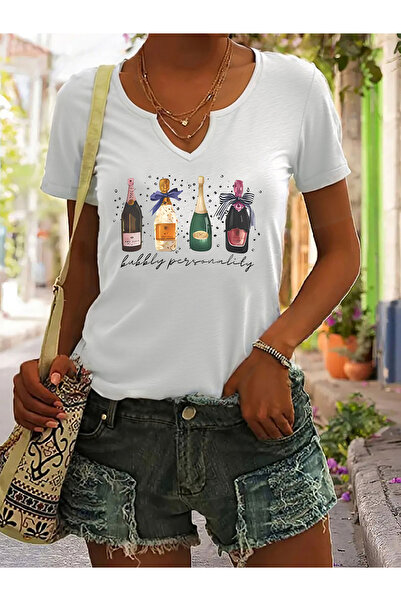 mercoledi Women's Printed Half V-Neck Sleeves Regular Fit Casual T-Shirt