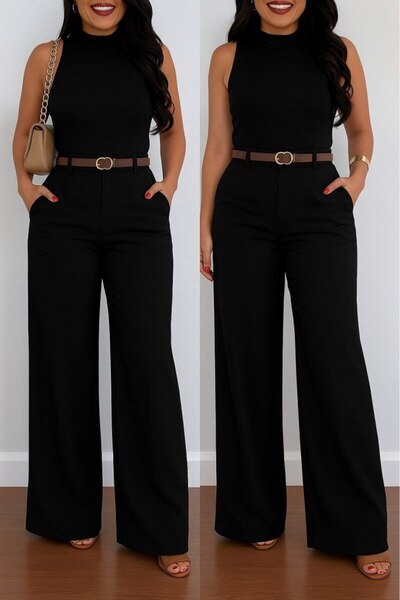 moda wanilia Kadın Geniş Paça Yüksek Bel Palazzo Pantolon