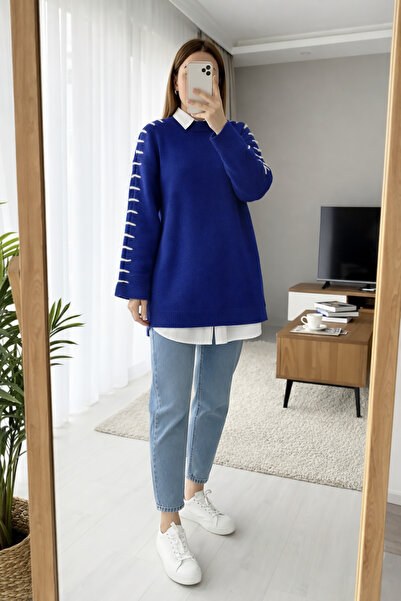 MODAQU Soft Knitwear Tunic with Rope Detail on the Sleeves - Navy Blue