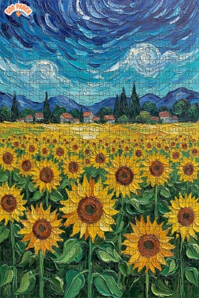 Teona Ahşap Van Gogh Yıldızlı Geceler Ayçiçek Tarlası Yağlı Boya Görünümlü Ah...
