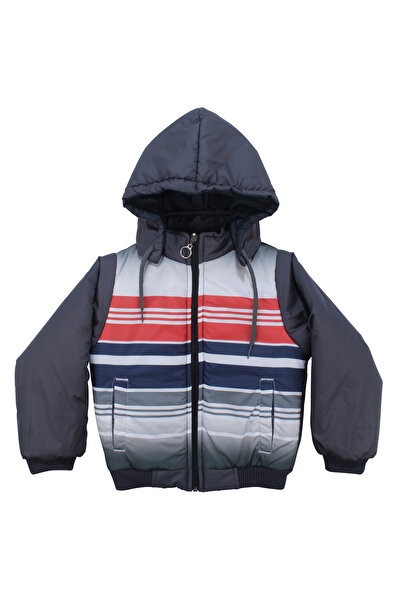 bebegen Boy's Gray Colored Striped Hooded Puffer Coat