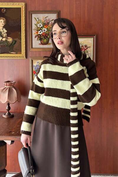 Ceylan Otantik Butter Yellow Striped Scarf Detail Sweater